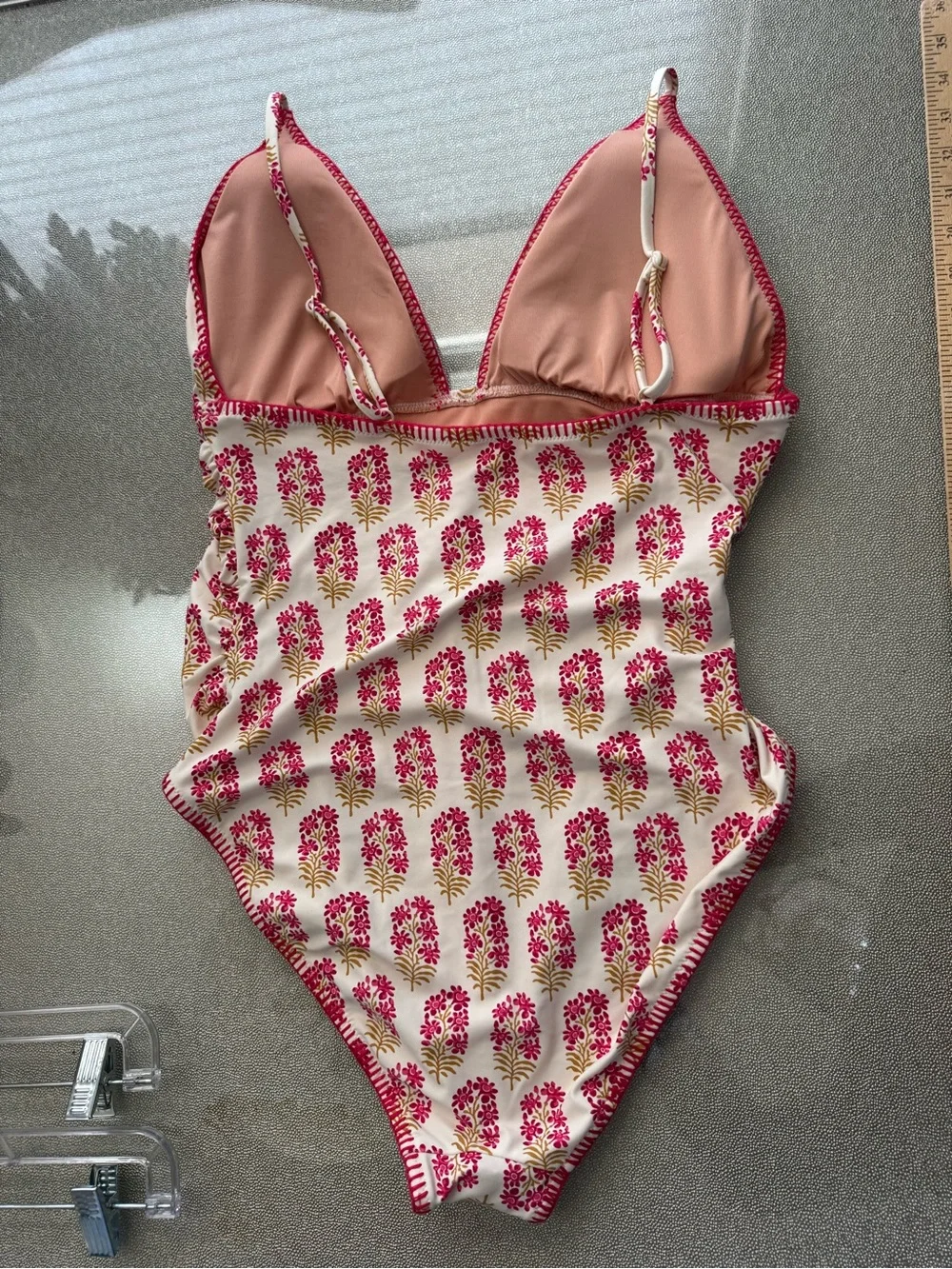 J Crew Ruched Plunge One-Piece Swimsuit Berry Block Print 14 Floral NWOT 2024
